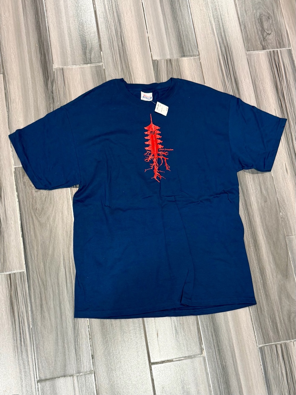 Hanes Vintage Asian Invasion Navy Blue Short Sleeve Tee with Red Pagoda Graphic